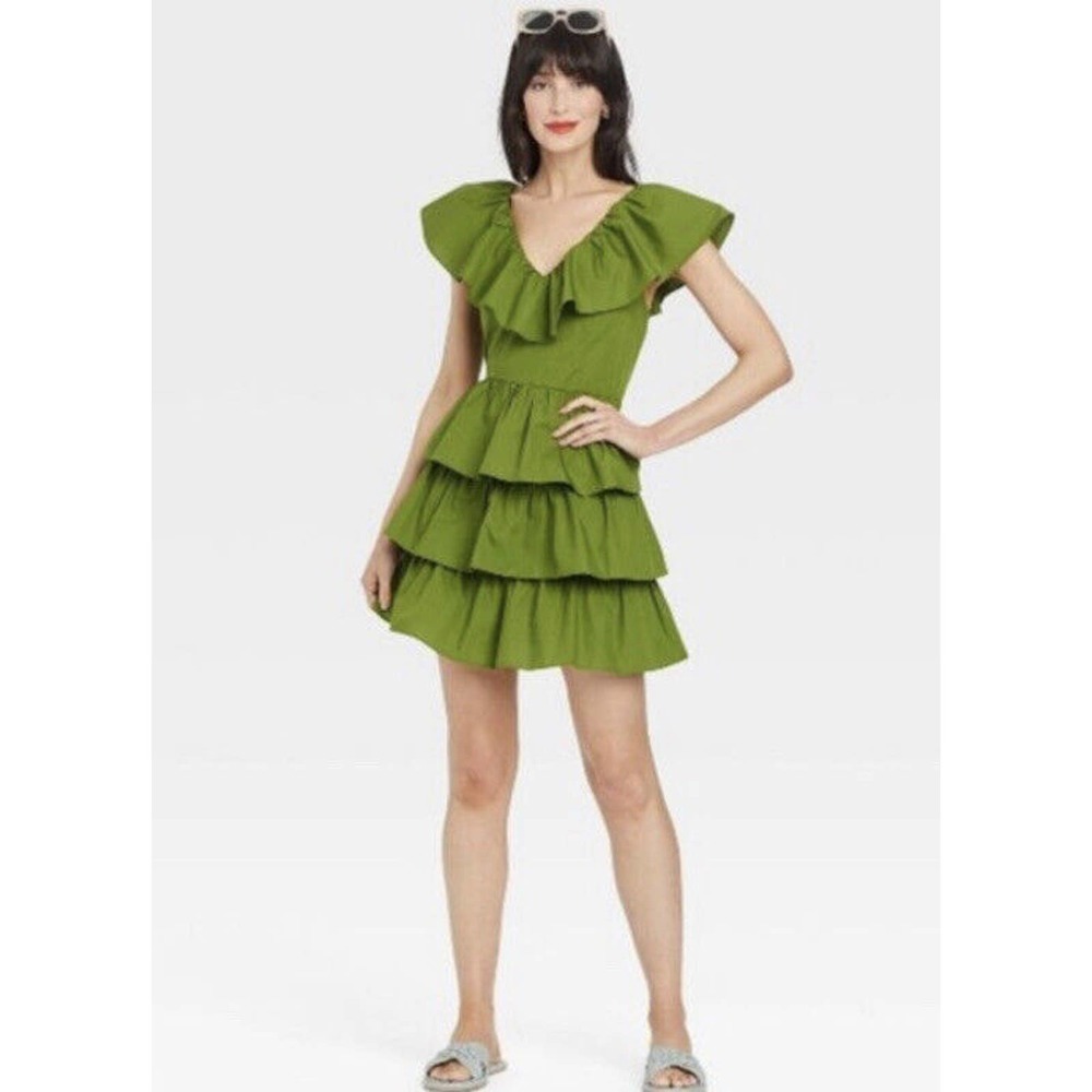 A New Day Mini Green Ruffle Dress Women's SZ XS Multi Tiered Short Sleeve NWT